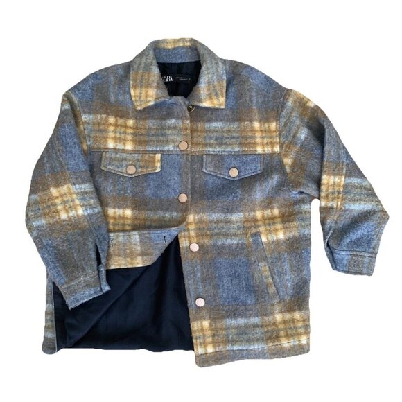 Zara Mix Blue Brown Plaid Shacket Button Long Sleeve Women’s Small Pockets - Picture 1 of 12
